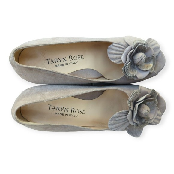 Taryn Rose Gray Flower Suede Pumps Peep Toe Chunky Heel Leather Rose Heels 37 - Picture 8 of 11